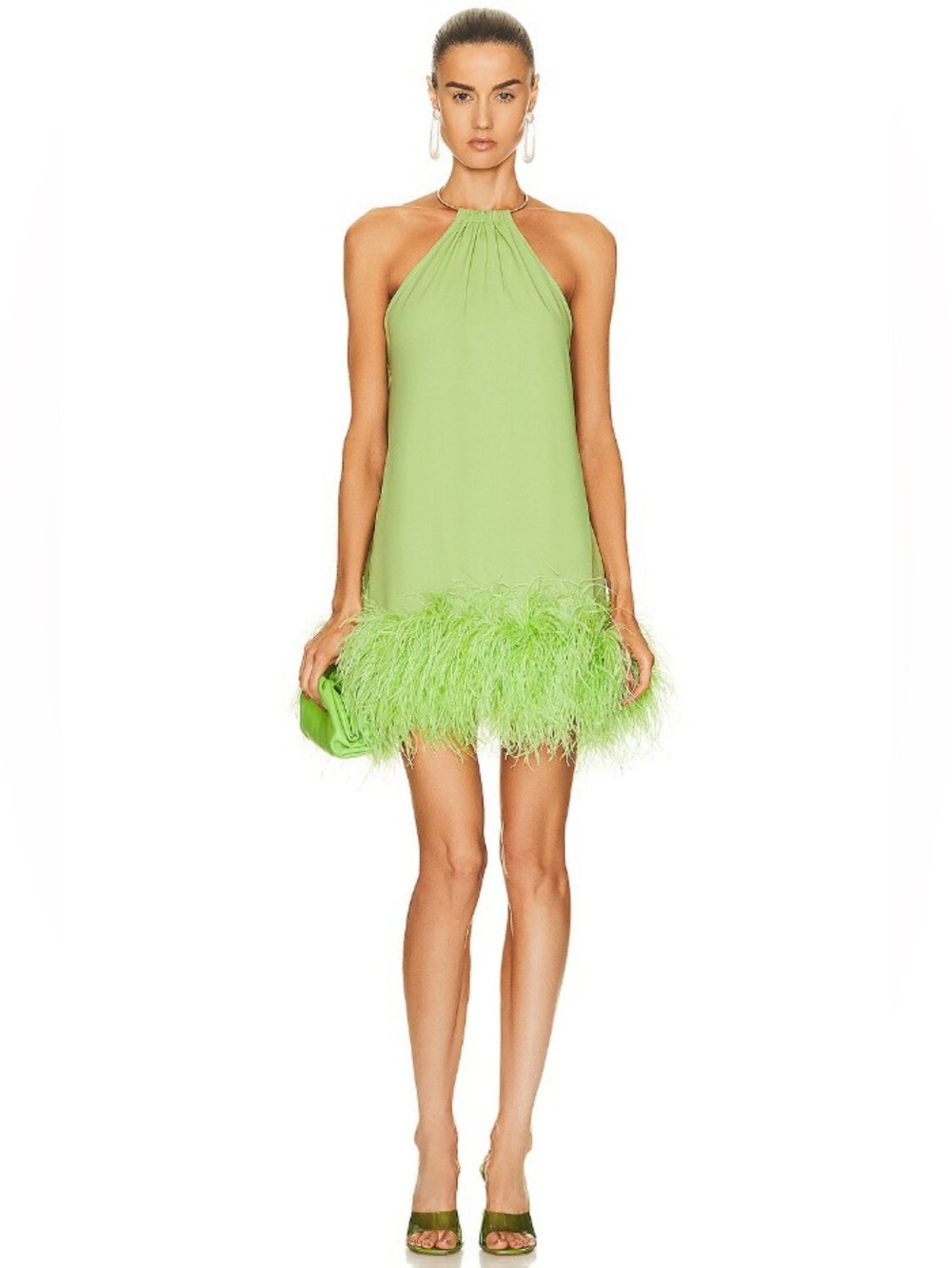 CULT GAIA Reeves Lime Ostrich Feather Embellished Halter Neck Mini Dress M NWT - Picture 4 of 5
